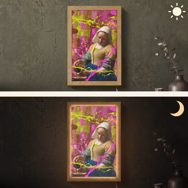 Melkmeisje - Johannes Vermeer - Neon Light Box met kabel (Wandlamp) klein -sfeer3