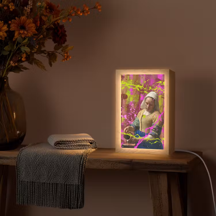 Melkmeisje - Johannes Vermeer - Neon Light Box met kabel (Wandlamp) klein -sfeer4