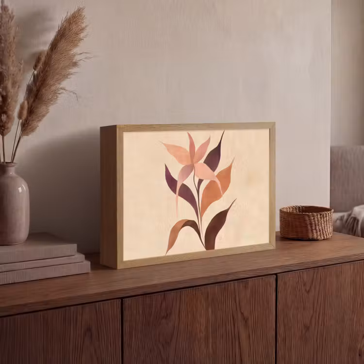 Minimalistisch - Bloem - Bladeren - Beige Light Box met batterij (Wandlamp) middel -sfeer2