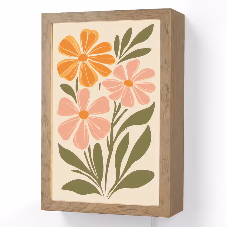 Minimalistisch - Bloemen - Bladeren - Roze Light Box met kabel (Wandlamp) klein -3d