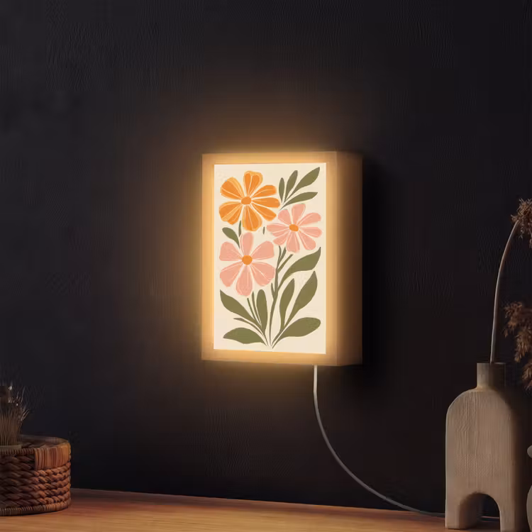 Minimalistisch - Bloemen - Bladeren - Roze Light Box met kabel (Wandlamp) klein -sfeer1