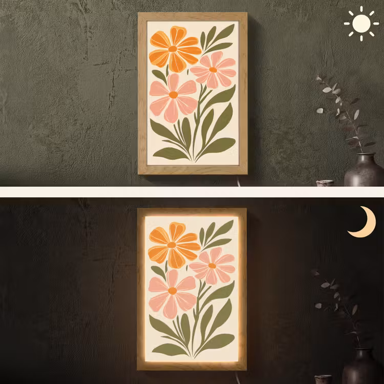 Minimalistisch - Bloemen - Bladeren - Roze Light Box met kabel (Wandlamp) klein -sfeer3