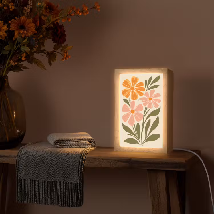 Minimalistisch - Bloemen - Bladeren - Roze Light Box met kabel (Wandlamp) klein -sfeer4