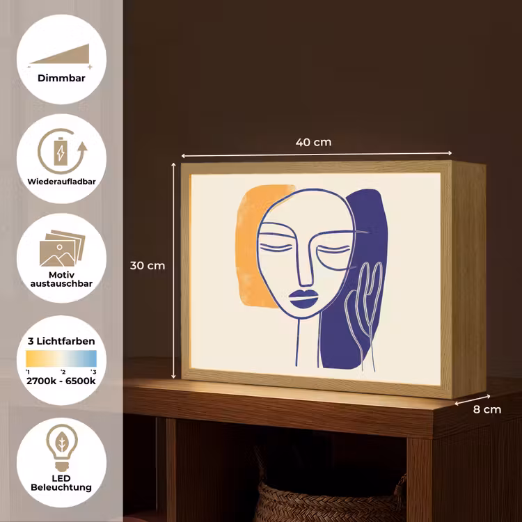 Minimalistisch - Gezicht - Hand - Oranje - Blauw Light Box met batterij (Wandlamp) middel -USP_websiteoverzichtDE