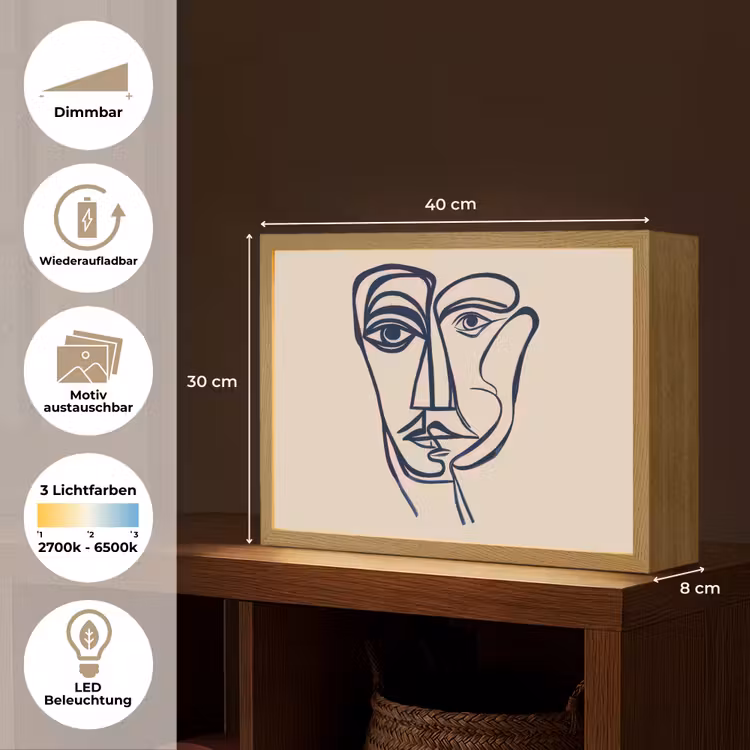 Minimalistisch - Lijnillustratie - Beige - Donkerblauw Light Box met batterij (Wandlamp) middel -USP_websiteoverzichtDE