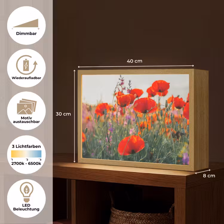 Klaproos - Bloemen - Rood - Paars - Weide Light Box met batterij (Wandlamp) middel -USP_websiteoverzichtDE