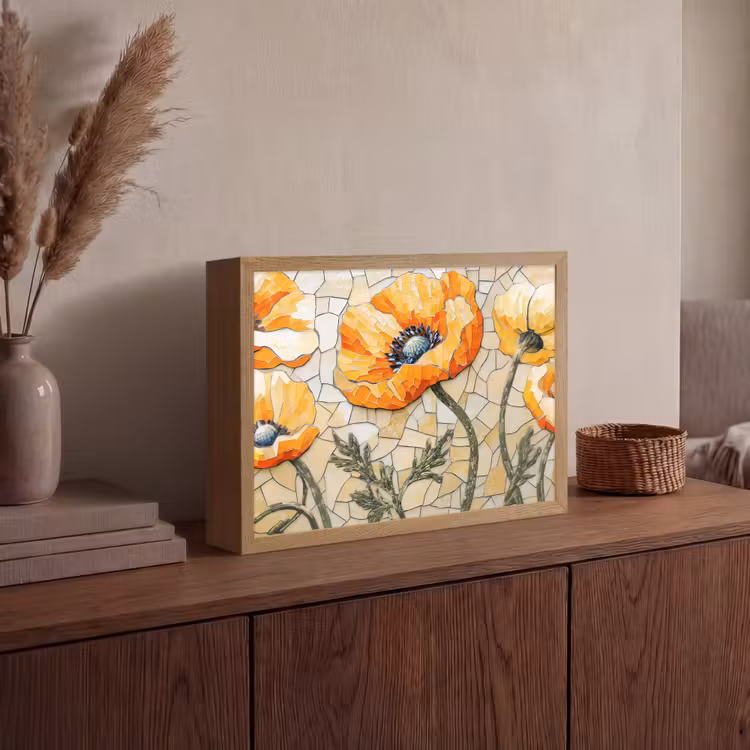 Klaprozen - Oranje - Mozaïek - Bladeren Light Box met batterij (Wandlamp) middel -sfeer2