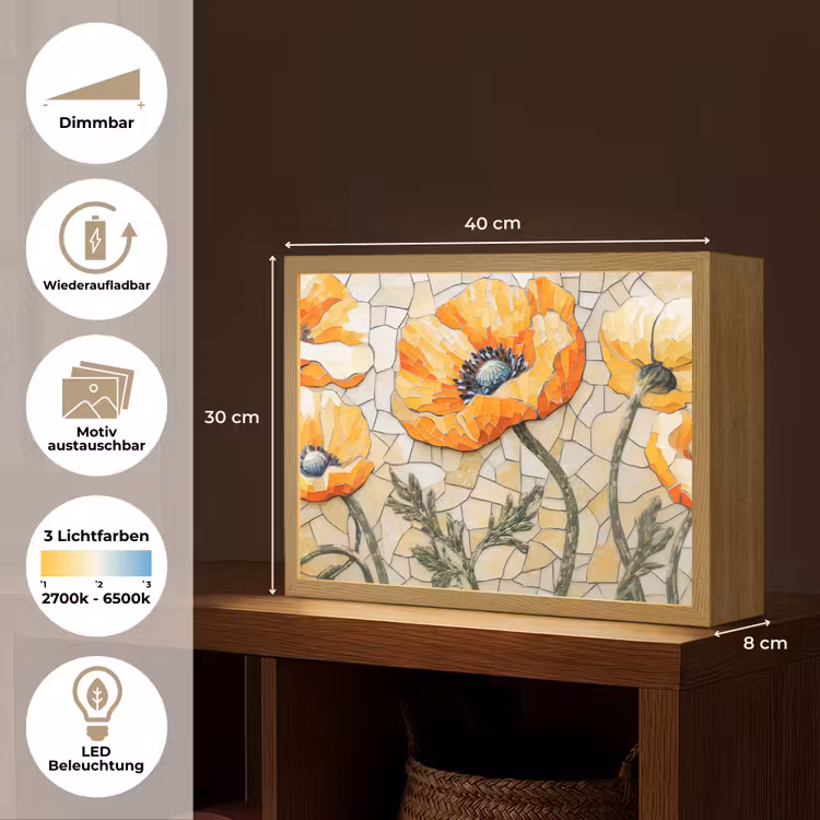 Klaprozen - Oranje - Mozaïek - Bladeren Light Box met batterij (Wandlamp) middel -USP_websiteoverzichtDE