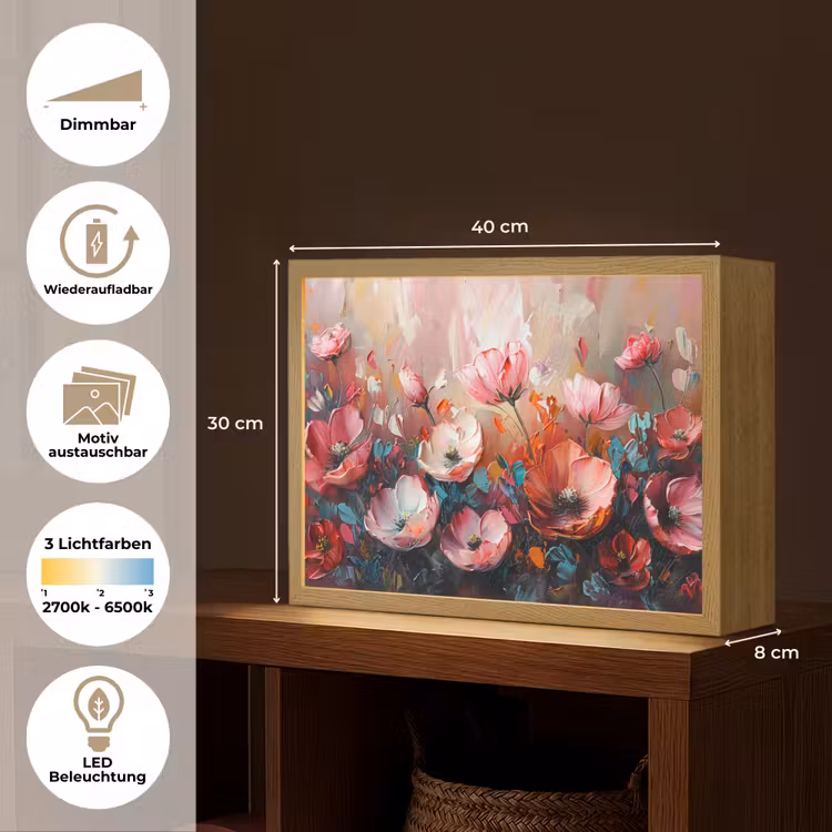 Klaprozen - Roze - Bloemen - Botanisch - Kunst Light Box met batterij (Wandlamp) middel -USP_websiteoverzichtDE