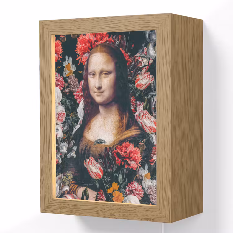 Mona Lisa - Leonardo da Vinci - Bloemen - Roze Light Box met kabel (Wandlamp) klein -3d