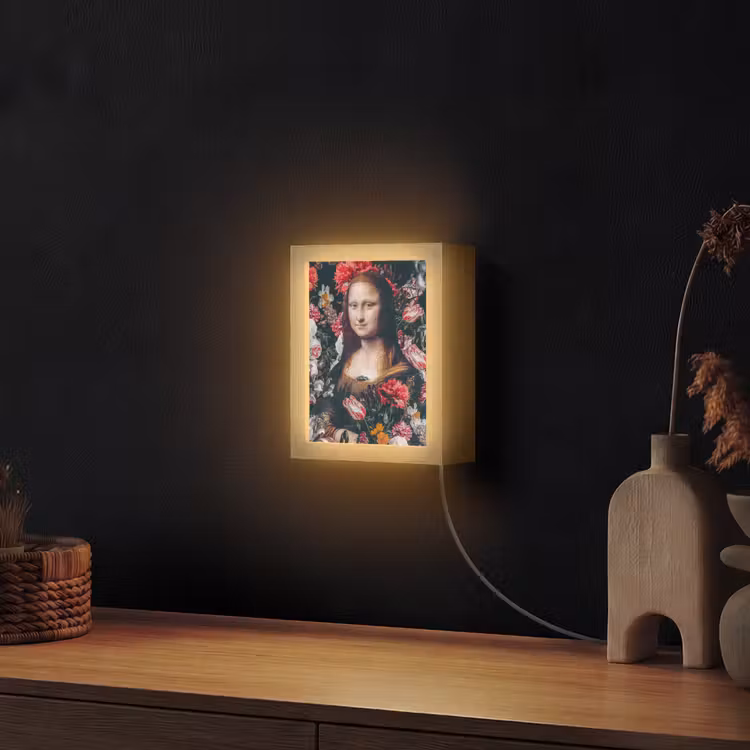 Mona Lisa - Leonardo da Vinci - Bloemen - Roze Light Box met kabel (Wandlamp) klein -sfeer1