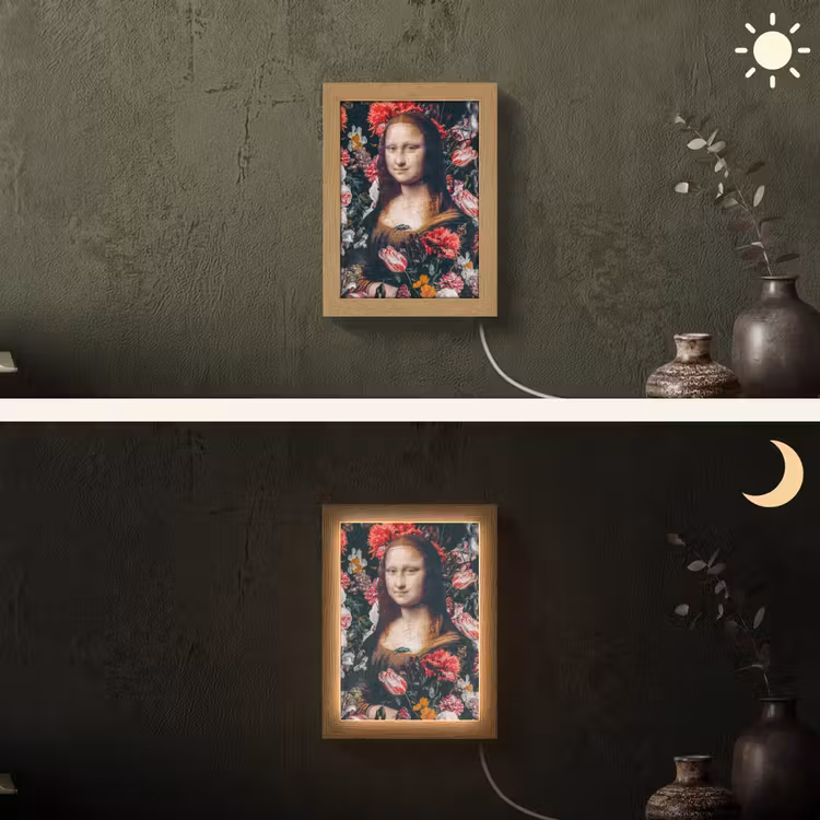 Mona Lisa - Leonardo da Vinci - Bloemen - Roze Light Box met kabel (Wandlamp) klein -sfeer3