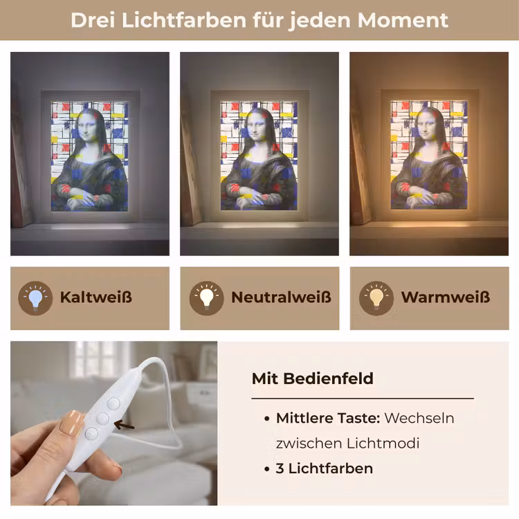 Mona Lisa - Mondriaan - Oude Meesters Light Box met kabel (Wandlamp) klein -USP_lichtkleurDE