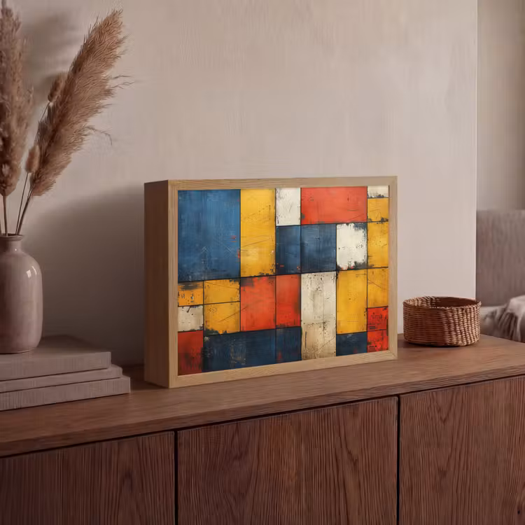 Mondriaan stijl - Kunst - Kleurrijk - Modern Light Box met batterij (Wandlamp) middel -sfeer2