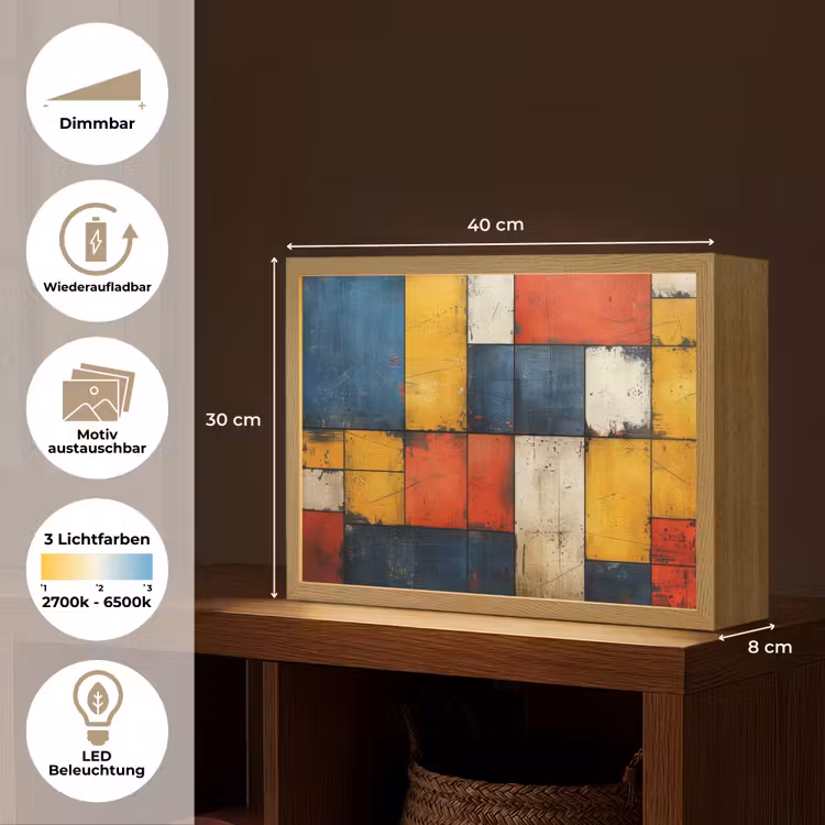 Mondriaan stijl - Kunst - Kleurrijk - Modern Light Box met batterij (Wandlamp) middel -USP_websiteoverzichtDE