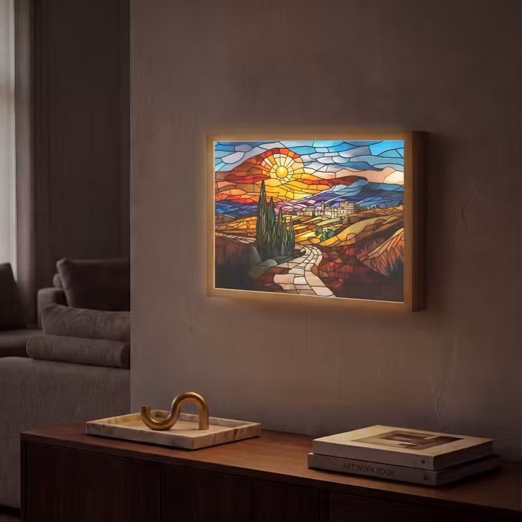 Mozaïek - Zon - Landschap - Dorp Light Box met batterij (Wandlamp) middel -sfeer1