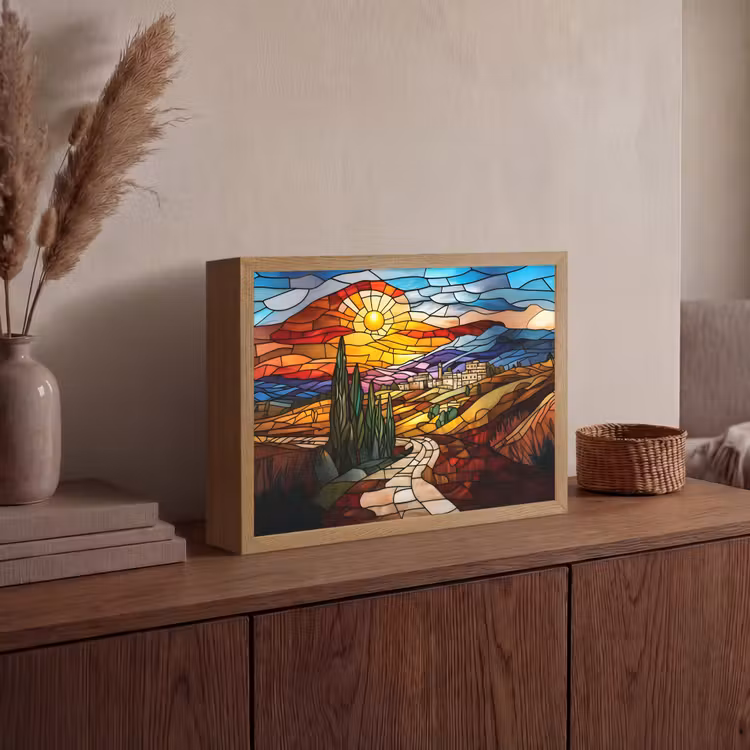 Mozaïek - Zon - Landschap - Dorp Light Box met batterij (Wandlamp) middel -sfeer2