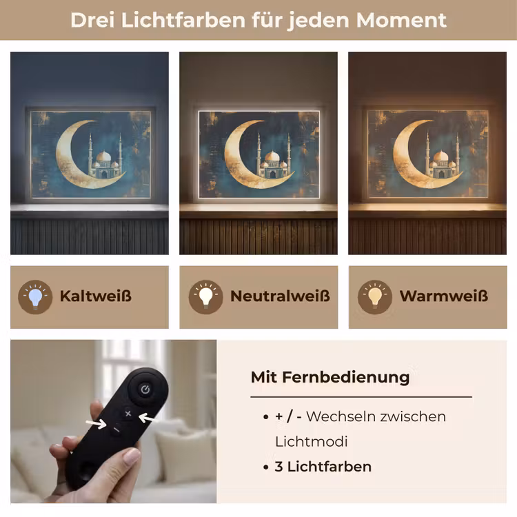 Moskee - Halve maan - Goud - Ramadan - Islamitische Light Box met batterij (Wandlamp) middel -USP_lichtkleurDE