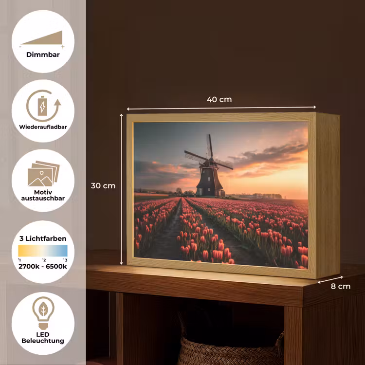 Molen - Zonsondergang - Tulpen - Rood Light Box met batterij (Wandlamp) middel -USP_websiteoverzichtDE