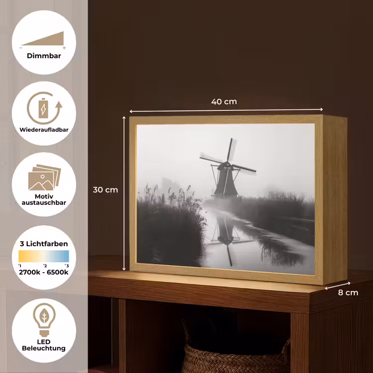 Molen - Weerspiegeling - Landschap - Water Light Box met batterij (Wandlamp) middel -USP_websiteoverzichtDE