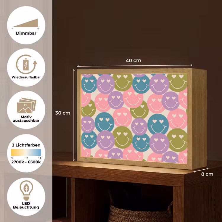 Patroon - Smiley - Kleurrijk - Hartjes Light Box met batterij (Wandlamp) middel 907 -USP_websiteoverzichtDE