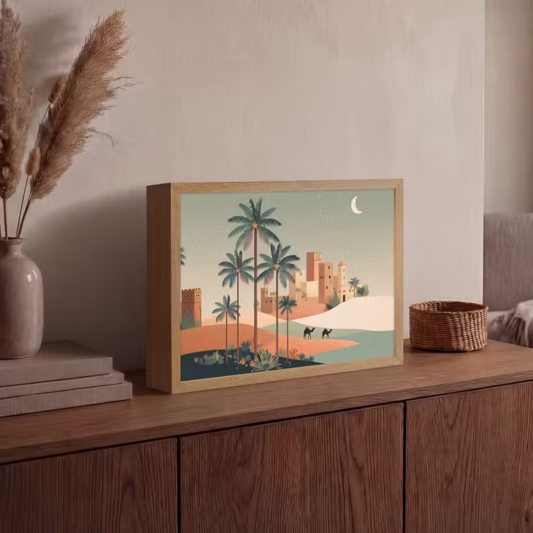 Nachtlandschap - Kamelen - Sterren - zandduinden Light Box met batterij (Wandlamp) middel -sfeer2