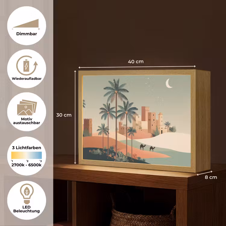 Nachtlandschap - Kamelen - Sterren - zandduinden Light Box met batterij (Wandlamp) middel -USP_websiteoverzichtDE