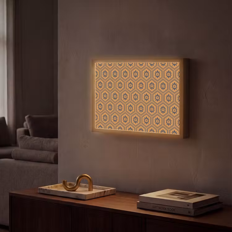 Okergeel - Patroon - Bloem - Donkerblauw Light Box met batterij (Wandlamp) middel 907 -sfeer1