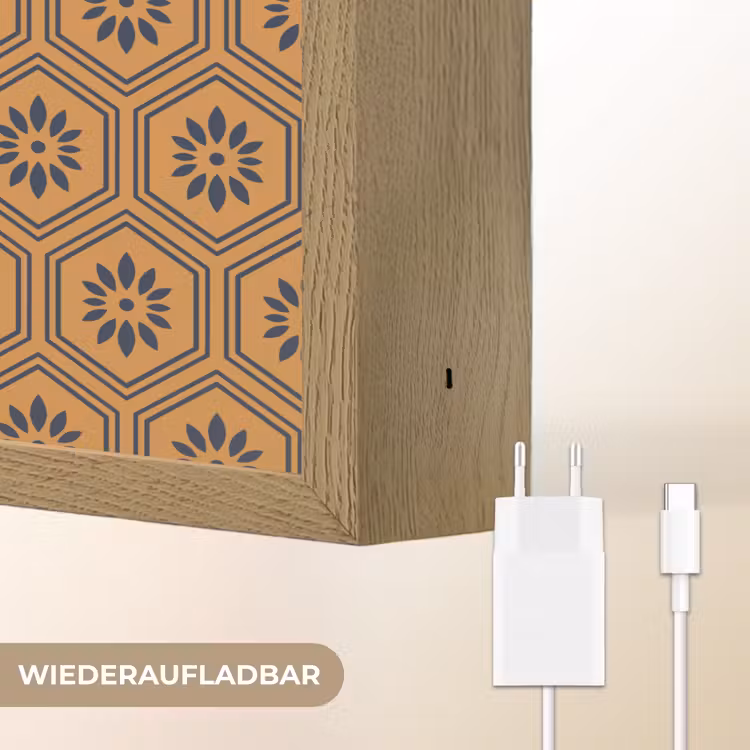 Okergeel - Patroon - Bloem - Donkerblauw Light Box met batterij (Wandlamp) middel 907 -USP_websiteoplaadbaarDE