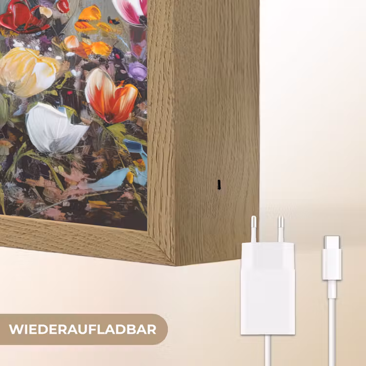 Olieverf - Bloemen - Kleurrijk - Natuur Light Box met batterij (Wandlamp) middel -USP_websiteoplaadbaarDE