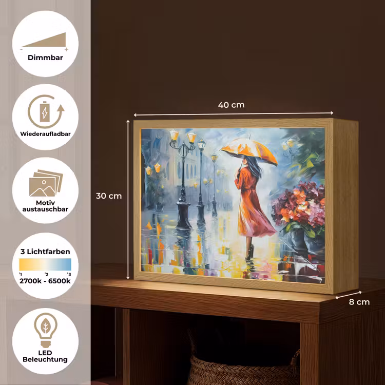 Olieverf - Paraplu - Vrouw - Straat - Kunst Light Box met batterij (Wandlamp) middel -USP_websiteoverzichtDE