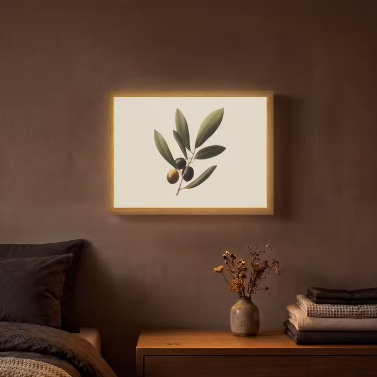Olijftak - Donkergroen - Olijven Light Box met batterij (Wandlamp) middel -sfeer4