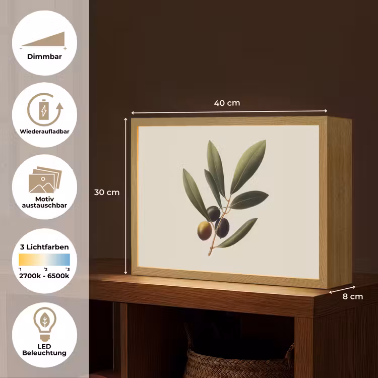 Olijftak - Donkergroen - Olijven Light Box met batterij (Wandlamp) middel -USP_websiteoverzichtDE