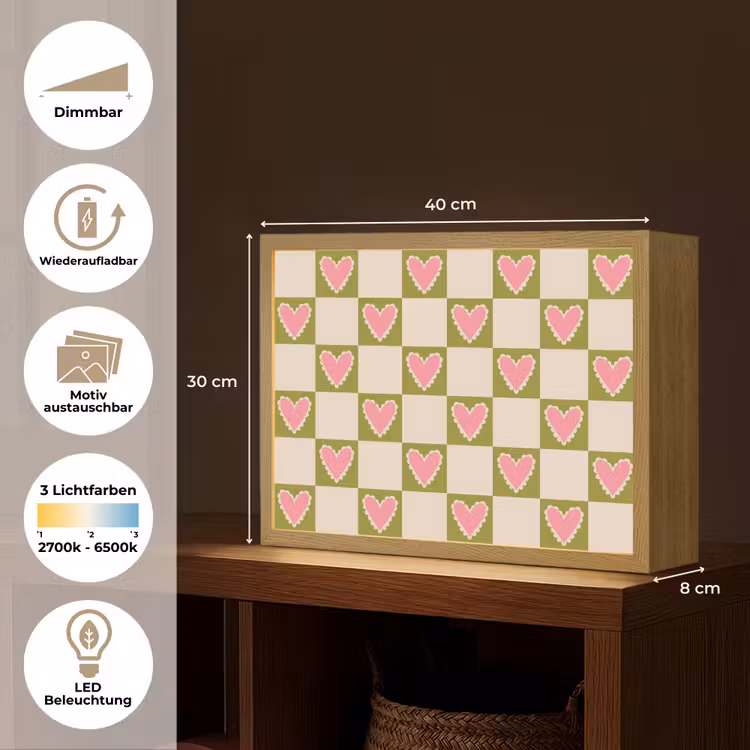 Olijfgroen - Hartjes - Patroon - Retro Light Box met batterij (Wandlamp) middel 907 -USP_websiteoverzichtDE