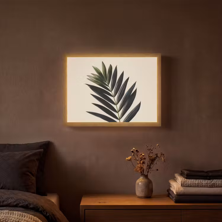 Palmblad - Donkere bladen - Subtiel Light Box met batterij (Wandlamp) middel -sfeer4