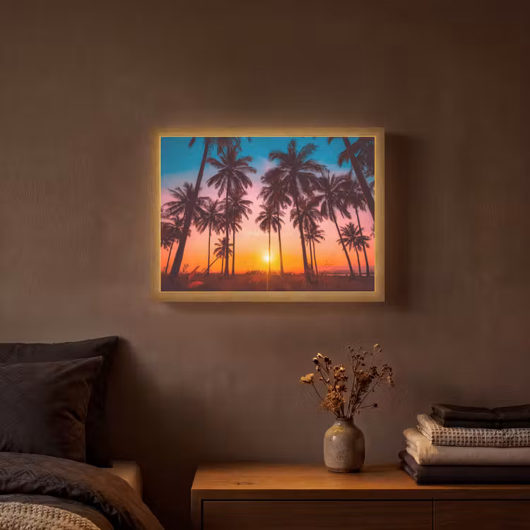 Palmboom - Zonsondergang - Horizon - Strand - Oranje - Roze Light Box met batterij (Wandlamp) middel -sfeer4
