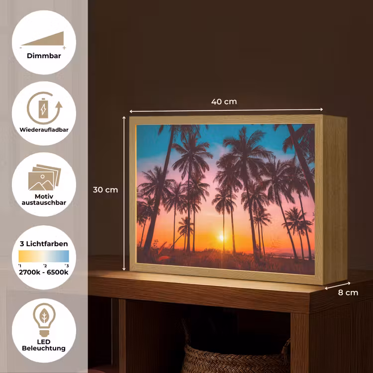 Palmboom - Zonsondergang - Horizon - Strand - Oranje - Roze Light Box met batterij (Wandlamp) middel -USP_websiteoverzichtDE