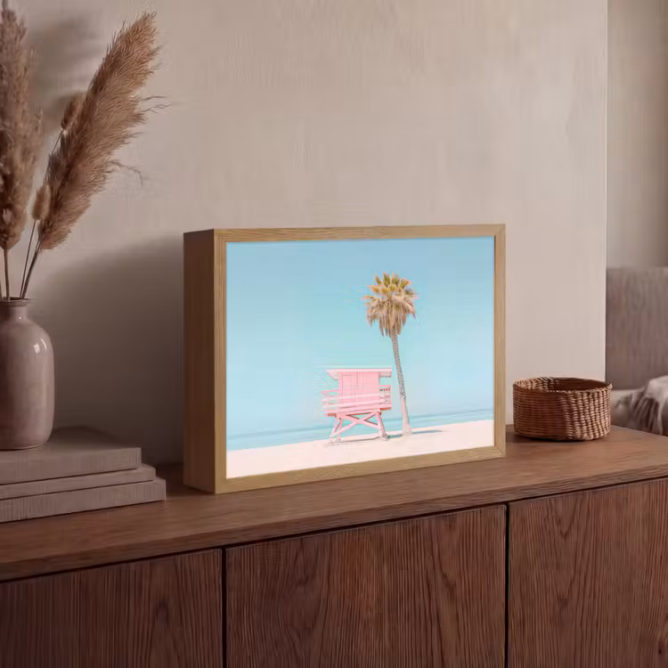 Palmboom - Strandhuis - Roze Light Box met batterij (Wandlamp) middel -sfeer2