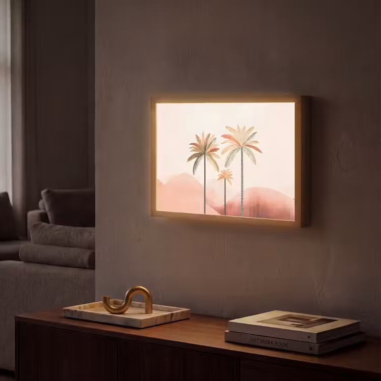 Palmbomen - Heuvels - Minimalistisch - Zachtroze Light Box met batterij (Wandlamp) middel -sfeer1