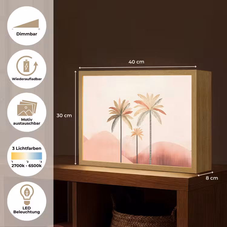 Palmbomen - Heuvels - Minimalistisch - Zachtroze Light Box met batterij (Wandlamp) middel -USP_websiteoverzichtDE