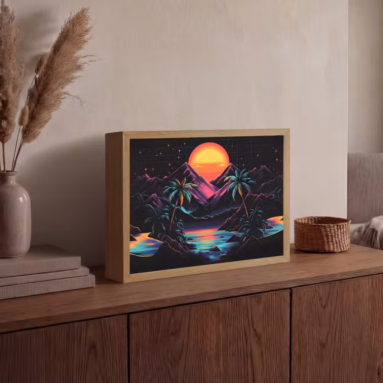 Palmbomen - Neonbergen - Sterrenhemel - Zon Light Box met batterij (Wandlamp) middel -sfeer2