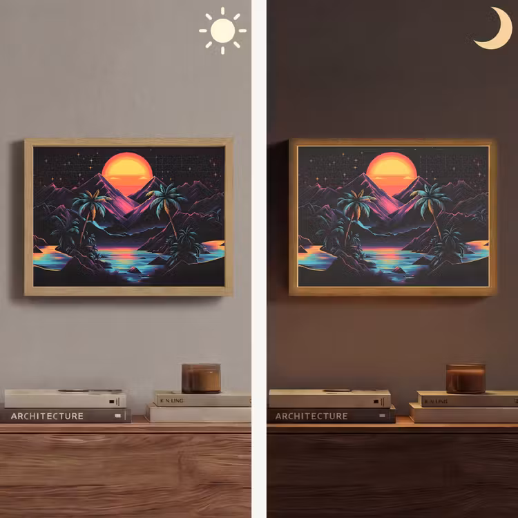Palmbomen - Neonbergen - Sterrenhemel - Zon Light Box met batterij (Wandlamp) middel -sfeer3