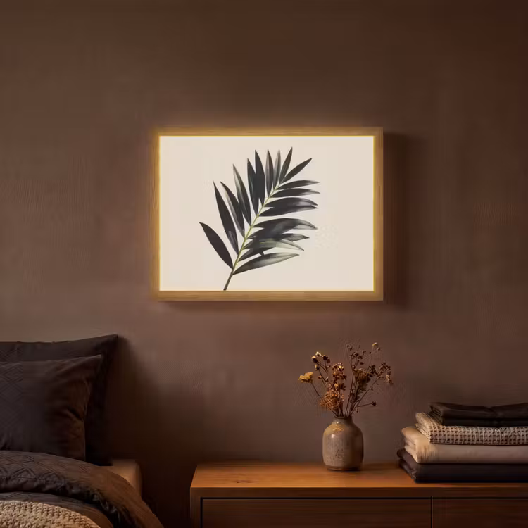 Palmblad - Subtiel - Groen - beige Light Box met batterij (Wandlamp) middel -sfeer4