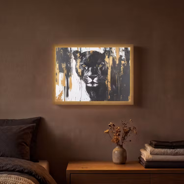 Panter - Zwart - Abstract - Verfstreken Light Box met batterij (Wandlamp) middel -sfeer4