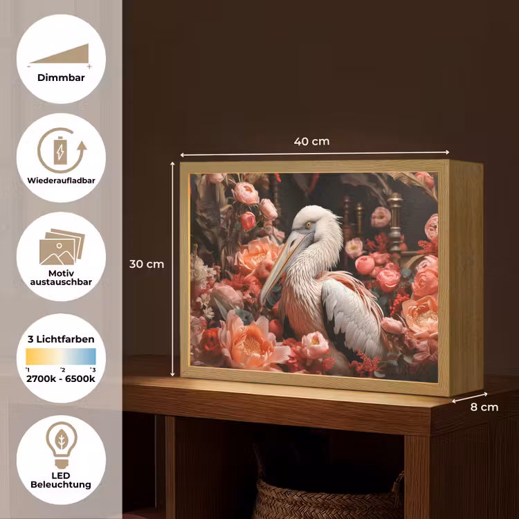Pelikaan - Dier - Bloemen - Natuur - Botanisch - Roze Light Box met batterij (Wandlamp) middel -USP_websiteoverzichtDE