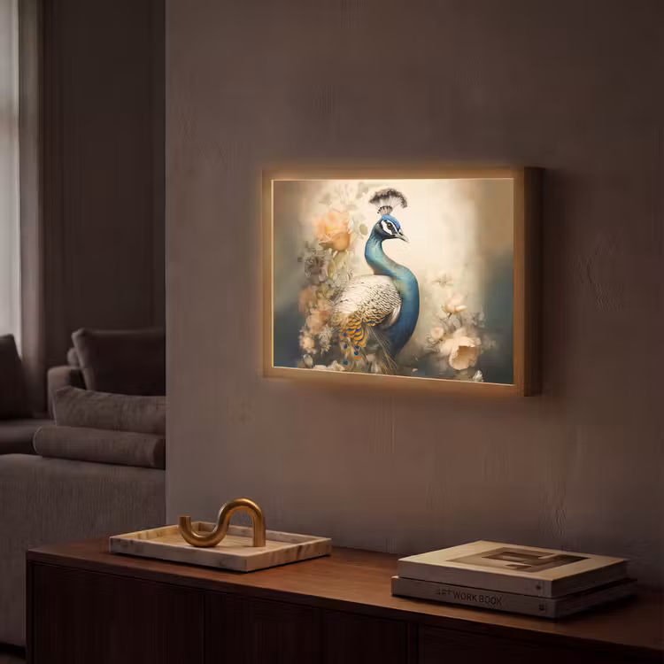 Pauw - Pauwenveren - Bloemen - Vogels - Botanisch Light Box met batterij (Wandlamp) middel -sfeer1