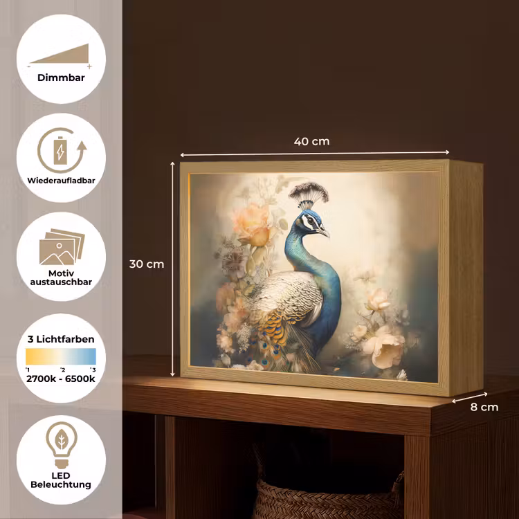 Pauw - Pauwenveren - Bloemen - Vogels - Botanisch Light Box met batterij (Wandlamp) middel -USP_websiteoverzichtDE