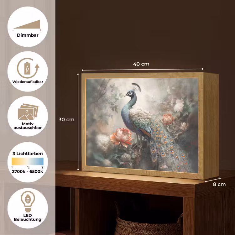 Pauw - Pauwenveren - Vogel - Jungle - Bloemen Light Box met batterij (Wandlamp) middel -USP_websiteoverzichtDE