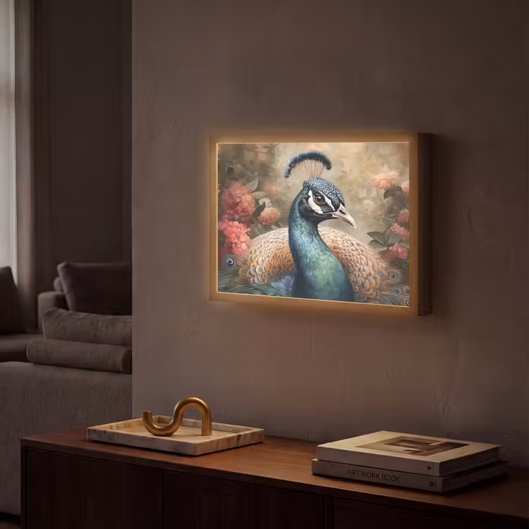 Pauw - Vogel - Bloemen - Planten - Pauwenveren Light Box met batterij (Wandlamp) middel -sfeer1
