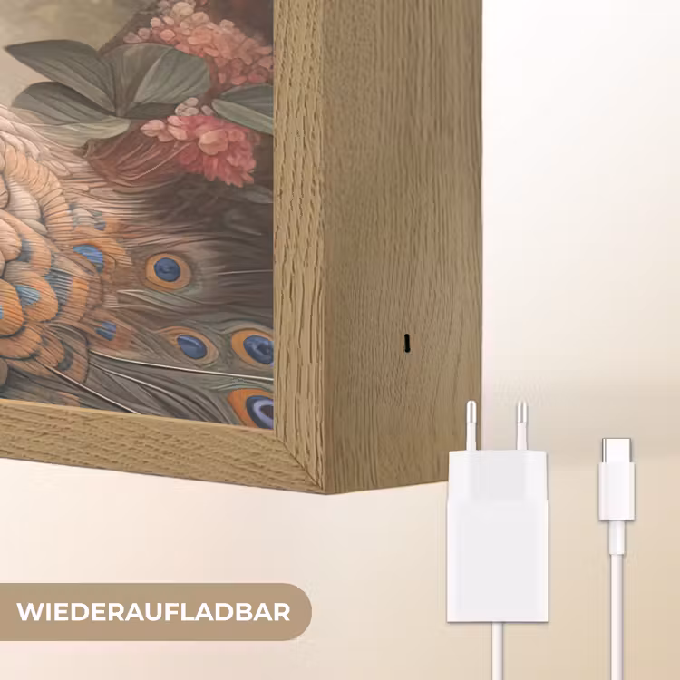 Pauw - Vogel - Bloemen - Planten - Pauwenveren Light Box met batterij (Wandlamp) middel -USP_websiteoplaadbaarDE